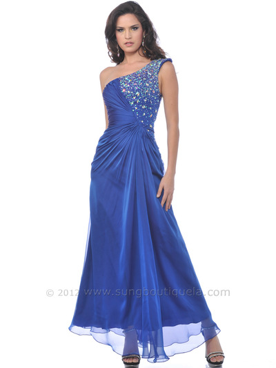 9525 Blue Single Shoulder Jewel Evening Dress - Blue, Front View Medium