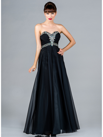 C5900 Jeweled Trim Chiffon Evening Dress - Black, Front View Medium