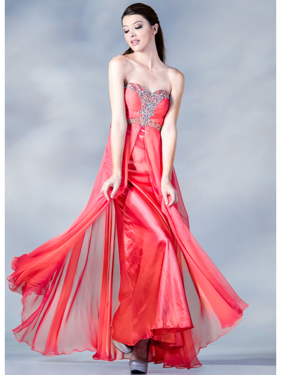 C5900 Jeweled Trim Chiffon Evening Dress - Coral, Front View Medium