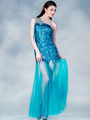 C7648 Blue One Shoulder Sheer and Sequin Prom Dress - Blue, Front View Thumbnail