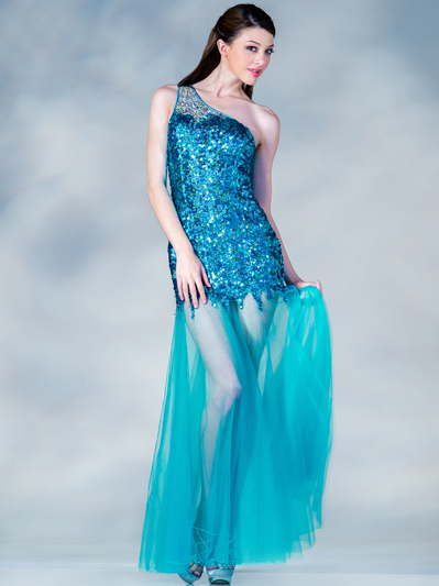 C7648 Blue One Shoulder Sheer and Sequin Prom Dress - Blue, Front View Medium
