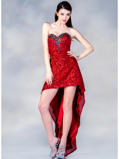 C7682 High Low Sequin Prom Dress - Red, Front View Medium