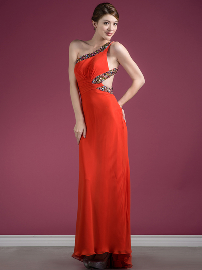 C7689 One Shoulder Cut Out Prom Dress - Orange, Front View Medium