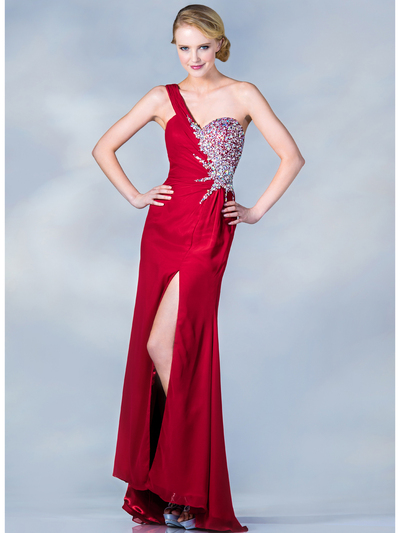 C7692 Red One Shoulder Jeweled Prom Dress - Red, Front View Medium