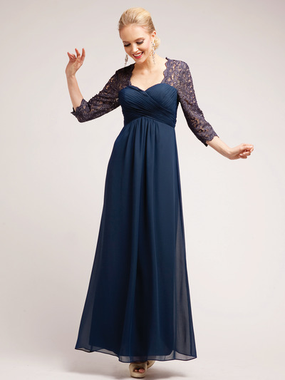 C7772 Three Quarter Sleeve Evening Dress - Navy, Front View Medium