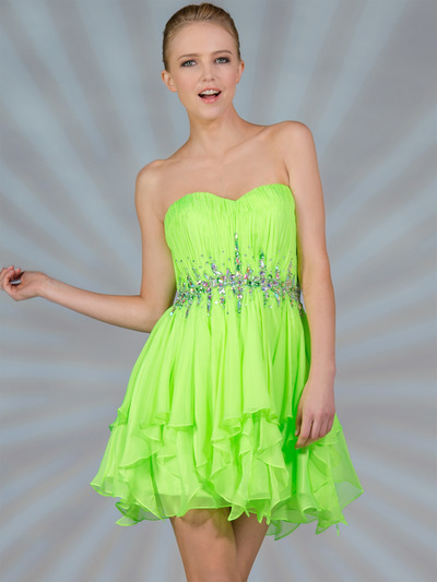 C783 Short Layered Prom Dress - Green, Front View Medium