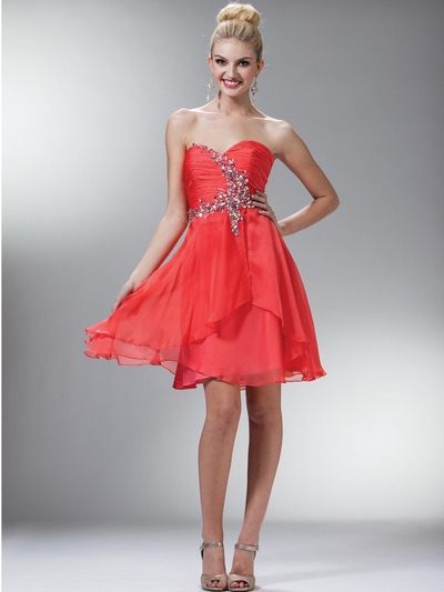 C788 Strapless Sweetheart Chiffon Homecoming Dress - Coral, Front View Medium