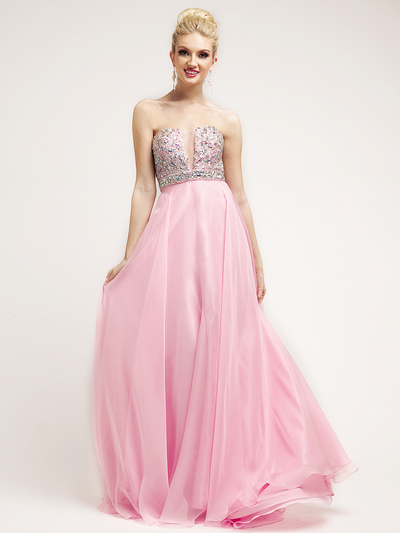 C7925 Baby Pink Beaded Deep V-Neckline Empire Waist Prom Dress - Baby Pink, Front View Medium