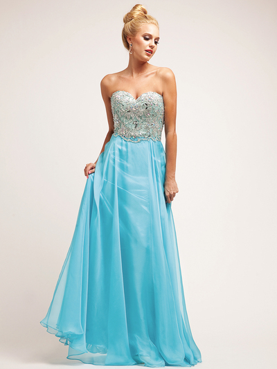 C7932 Jeweled Turquoise Sweetheart Organza Layered Evening Dress - Turquoise Nude, Front View Medium