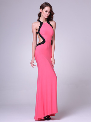 C8110 High Neck Prom Dress with Open Back, Coral