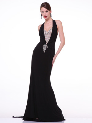 C81480 Halther Neck Evening Dress with Train, Black