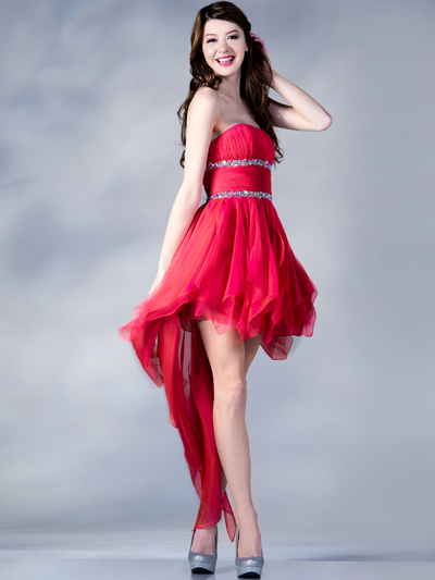C9197 Handkerchief High Low Prom Dress - Coral, Front View Medium