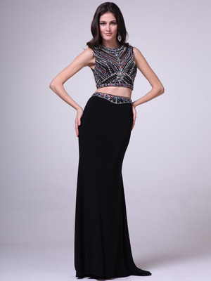 C962 Jeweled Two Pieces Prom Gown, Black