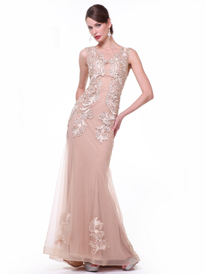 CD-44 Sheer Lace Applique Formal Dress, Champagne