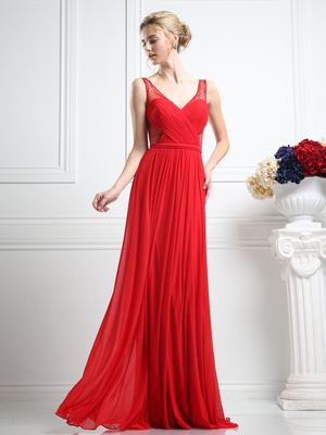 CD-5061 Sheer Beaded Strap Evening Dress , Red