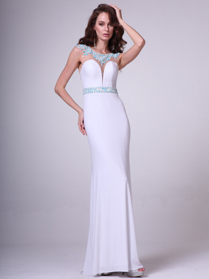 CD-8746 Sleeveless Illusion  Embellished Evening Dress, White
