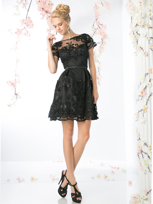 CD-CF027 Short Sleeve Lace Overlay Cocktail Dress, Black