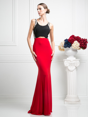 CD-CF302 Sleeveless Evening Dress with Sweeping Train, Black Red