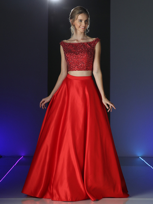 CD-CK76 Two Piece Embellished Prom Evening Dress with Full Skirt, Red