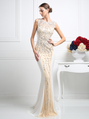 CD-CR704 Two Toned Fitted Evening Gown with Beading, Off White