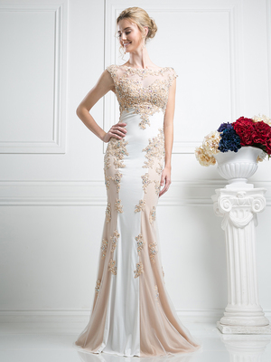 CD-JC4295 Two Tone Capped Sleeves Evening Dress with Applique, Ivory Gold