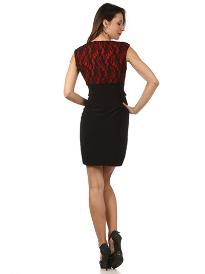 CE2343 Layered V-Neckline Cocktail Dress - Black Fuschia, Back View Medium