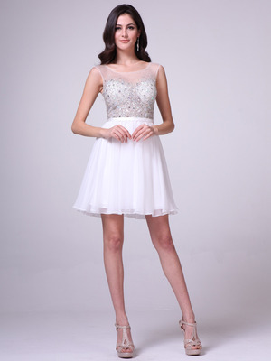 CJ90S Sheer Jeweled Bodice Short Prom Dress, Off White