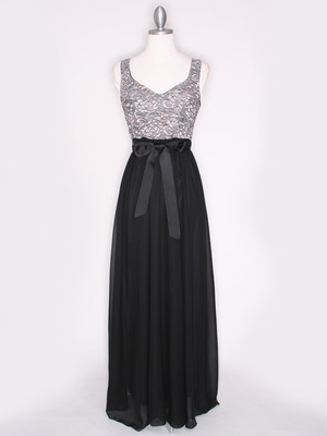 CP2257-CH Long Evening Dress with Sash, Black Gold