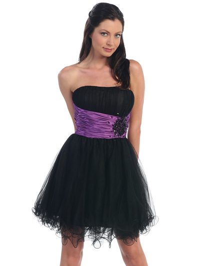 D8011 Strapless Special Occasion Cocktail Dress - Black Purple, Front View Medium