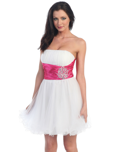 D8011 Strapless Special Occasion Cocktail Dress - White Fuschia, Front View Medium