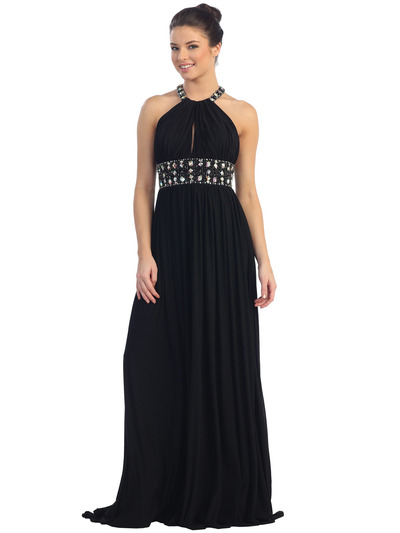 D8419 Chiffon Round Halter Evening Dress - Black, Front View Medium
