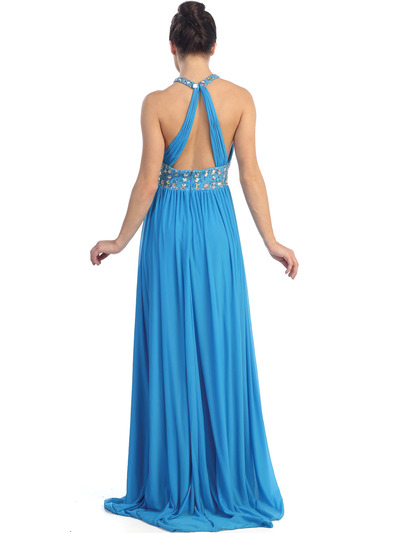 D8419 Chiffon Round Halter Evening Dress - Turquoise, Back View Medium