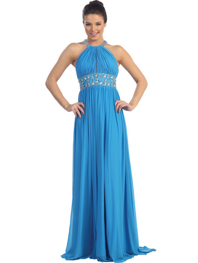 D8419 Chiffon Round Halter Evening Dress - Turquoise, Front View Medium