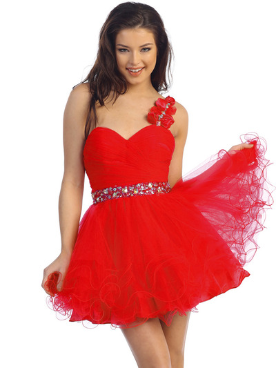 D8426 Rosette Shoulder Short Homecoming Dress - Red, Front View Medium