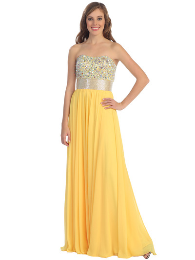 D8620 Strapless Empire Waist Prom Dress - Yellow, Front View Medium
