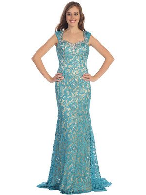 D8664 Wide Strap Lace Evening Dress, Teal Nude