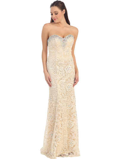 D8666 Sweetheart Fit and Flare Evening Prom Dress - Beige, Front View Medium