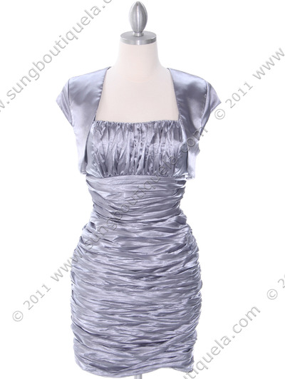 E1808 Silver Cocktail Dress with Bolero - Silver, Front View Medium