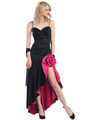 E1905 Rosette High Low Evening Dress - Black Fuschia, Front View Thumbnail