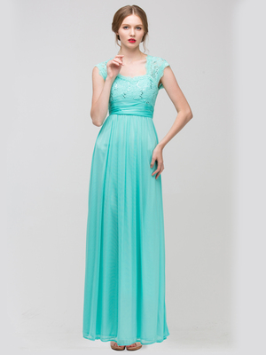 E2025 Empired Waist Cap Sleeve Lace Top Evening Dress, Mint