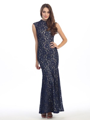 E2060 High Neck Lace Overlay Evening Dress, Navy Gold