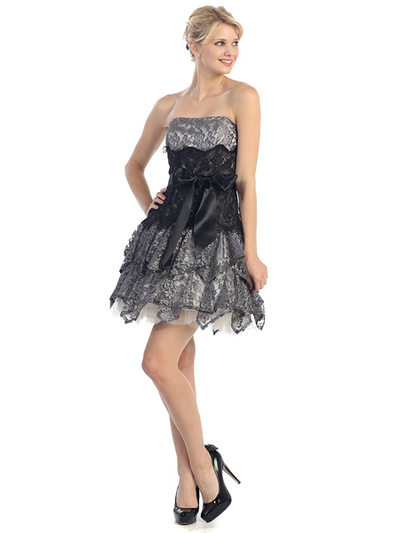 E2281 Lace Semi-Formal Cocktail Dress - Ivory Charcoal, Front View Medium