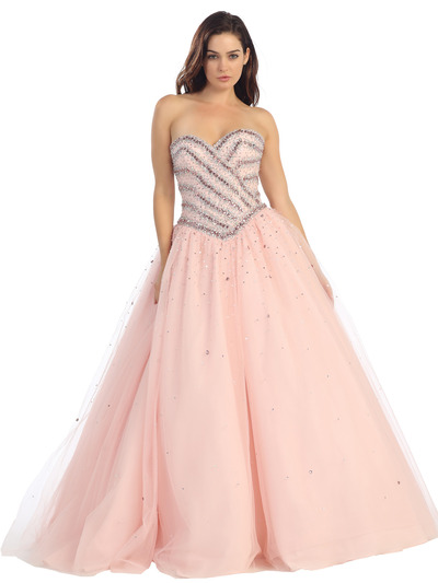 E3022 Sweetheart Beaded Top Sparkling Ball Gown with Lace Bolero - Dusty Pink, Front View Medium