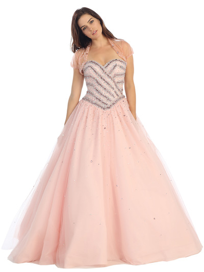E3022 Sweetheart Beaded Top Sparkling Ball Gown with Lace Bolero - Dusty Pink, Alt View Medium