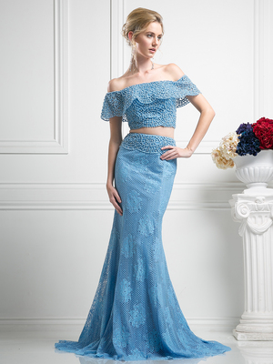 FY-CR755 Two Piece Crochet Beading Mermaid Prom Dress, Perry Blue