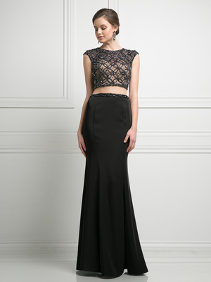 FY-KD036 High Neck Beaded Top Two Piece Evening Dress, Black