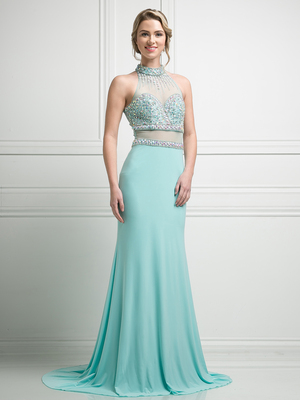 FY-KD087 High Neck Mock Two Piece Evening Gown with Train, Mint