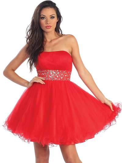 GL1053 Strapless Empire Waist Cocktail Dress - Red, Front View Medium