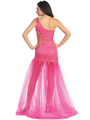 GL1094 One Shoulder Sheer Panel Party Dress - Fuschia, Back View Thumbnail