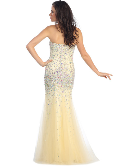 GL1121 Light Gold Fitted Bodice Sparkling Stones Mermaid Evening Dress - Light Gold, Back View Medium